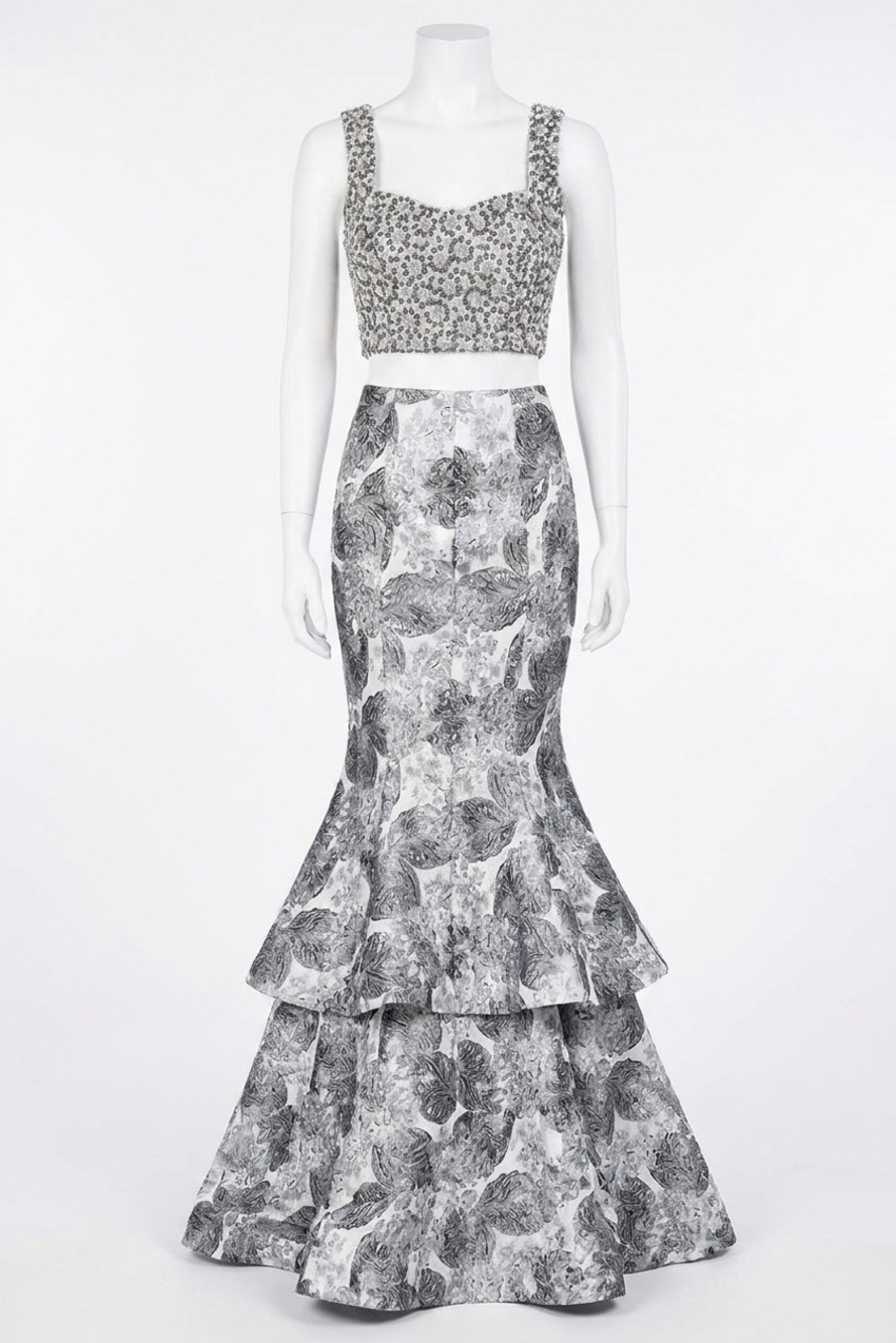 NEW TERANI COUTURE two-piece sparkling beaded prom dress in ivory/gunmetal